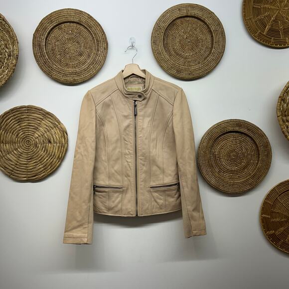 Michael Kors Jackets & Blazers - MICHAEL Michael Kors Tan Brown Soft Leather Jacket Medium Zip Up Pockets Lined